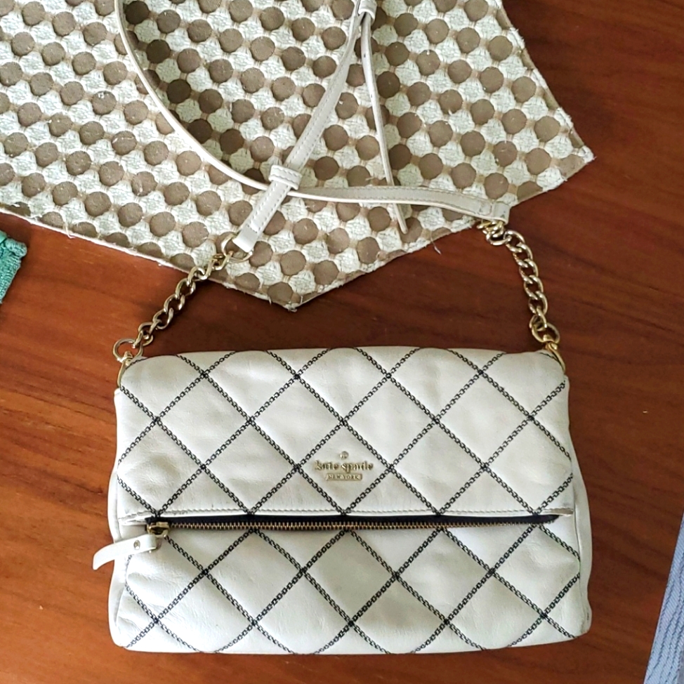 Kate Spade White Leather Bag With Black Stitching